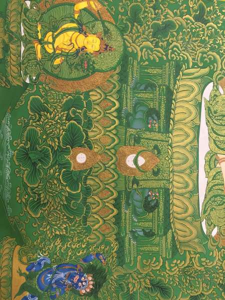 Tibetan Thangka Of Chengrezig, [24k Real Gold], Three Great Bodhisattvas