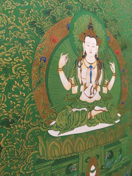 Tibetan Thangka Of Chengrezig, [24k Real Gold], Three Great Bodhisattvas