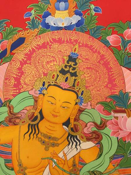 Tibetan Thangka Of Manjushri, [24k Real Gold]