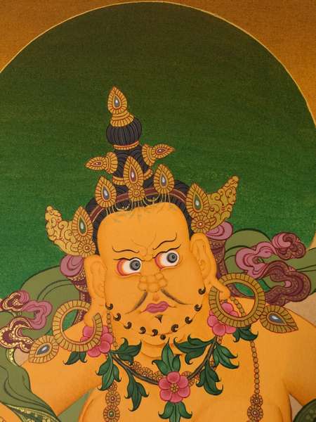 Tibetan Thangka Of Dzambhala, Yellow Jambhala, [24k Real Gold]