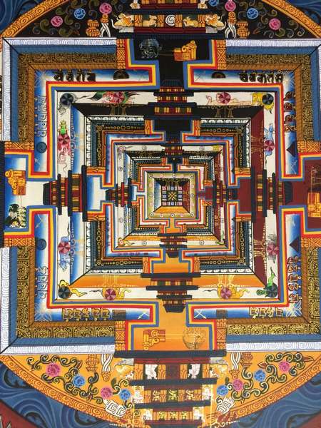 Tibetan Thangka Of Dragon Border Kalachakra Mandala, [24k Real Gold]