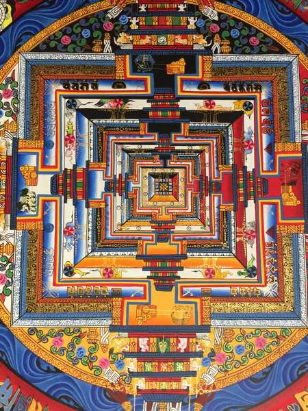 Tibetan Thangka Of Dragon Border Kalachakra Mandala, [24k Real Gold]