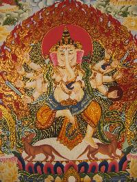 [hq] Newari Paubha Of 16 Arms Ganesh With [24k Gold], [dragon Border]