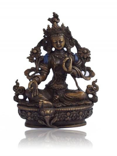 Buddhist Miniature Statue Of Green Tara, [oxidized Finishing]