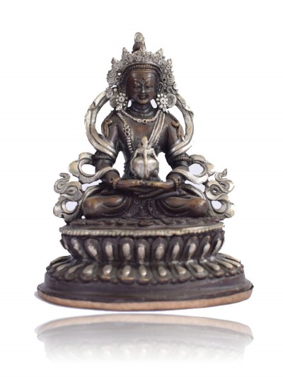 Buddhist Statue Of Amitayus Aparimita, On Double Lotus Base [silver Plated Oxidized Finishing], Chepame, Amitayus