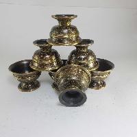 [small] Copper Offering Bowl With Stand And Hand Carving [7 Pcs Set], In Antique Finishing