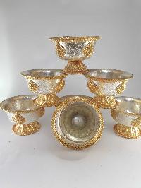 [large] Copper Offering Bowl With Stand And Hand Carving [7 Pcs Set], [gold And Silver Plated]