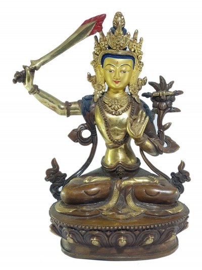 [old Stock], Tibetan Statue Of Manjushri, [partly Gold Plated], [painted Face], Last Piece