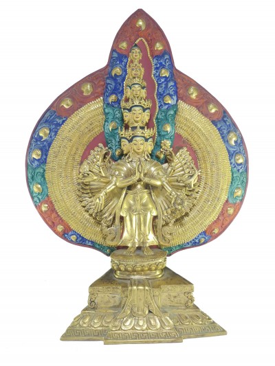 [old Stock], Tibetan Statue Of Sahasrabhuja Avalokitesvara, [partly Gold Plated], [painted Face], Last Piece