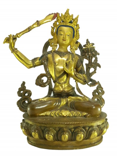 [old Stock] Statue Of Manjushri [partly Gold Plated], Painted Face, [last Piece]