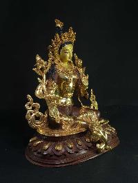 Statue Of Green Tara, [partly Gold Plated], [painted Face]