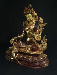 Statue Of Green Tara, [partly Gold Plated], [painted Face]