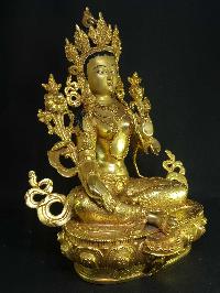 Statue Of Green Tara, [full Fire Gold Plated], [painted Face]