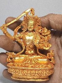 Nepali Small Statue Of Manjushri, [full Gold Plated]