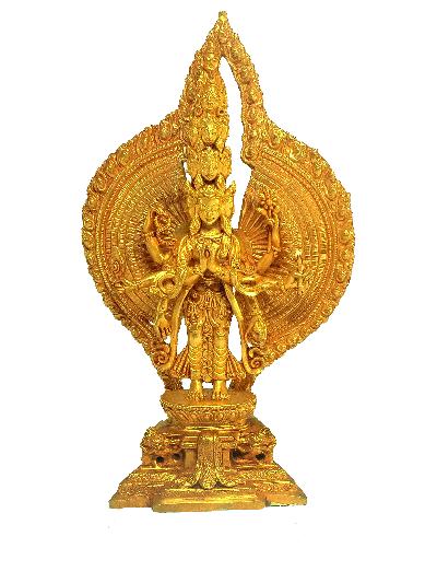 Nepali Small Statue Of Avalokiteshvara, Chenrezig, [full Gold Plated]