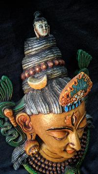 Handmade Wooden Mask Of Mahadev, [painted Golden], Poplar Wood