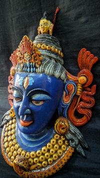 Handmade Wooden Mask Of Mahadev, [painted Blue], Poplar Wood