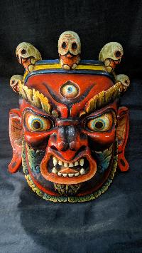Mahakala Mask, Handmade Wooden Mask Of Mahakal, [painted], Poplar Wood