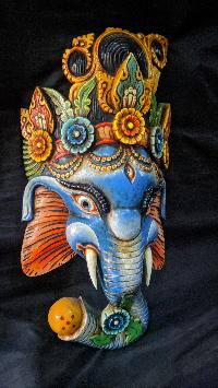Ganesh Mask, Handmade Wooden Mask Of Ganesh, [painted Blue], Poplar Wood