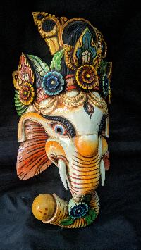 Ganesh Mask, Handmade Wooden Mask Of Ganesh, [painted White], Poplar Wood