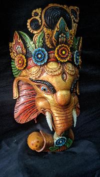 Ganesh Mask, Handmade Wooden Mask Of Ganesh, [painted Golden], Poplar Wood