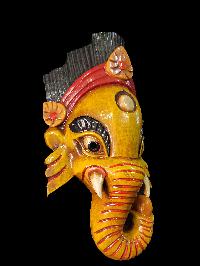 Ganesh Mask, Handmade Wooden Mask Of Ganesh, [painted Yellow], Poplar Wood