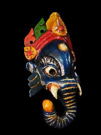 Ganesh Mask, Handmade Wooden Mask Of Ganesh, [painted Dark Blue], Poplar Wood