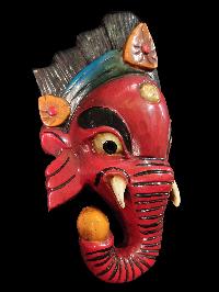 Ganesh Mask, Handmade Wooden Mask Of Ganesh, [painted Red], Poplar Wood