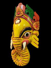 Ganesh Mask, Handmade Wooden Mask Of Ganesh, [painted Yellow], Poplar Wood