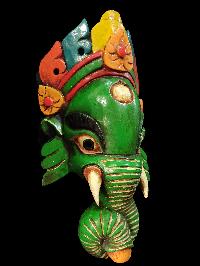Ganesh Mask, Handmade Wooden Mask Of Ganesh, [painted Green], Poplar Wood