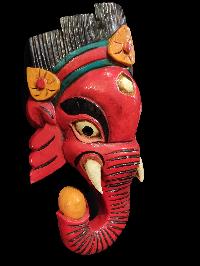 Ganesh Mask, Handmade Wooden Mask Of Ganesh, [painted Red], Poplar Wood
