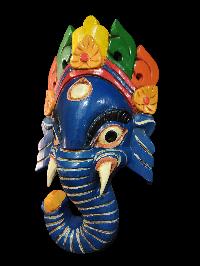 Ganesh Mask, Handmade Wooden Mask Of Ganesh, [painted Blue], Poplar Wood