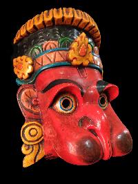 Hanuman Mask, Handmade Wooden Mask Of Hanuman, [painted Red], Poplar Wood