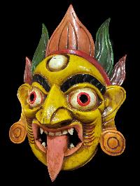 Handmade Wooden Mask Of Kali, [painted Yellow], Poplar Wood
