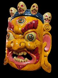 Mahakal Mask, Handmade Wooden Mask, [painted Yellow], Poplar Wood