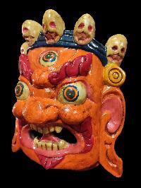 Mahakala Mask, Handmade Wooden Mask, [painted Orange], Poplar Wood