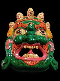 Mahakala Mask, Handmade Wooden Mask, [painted Green], Poplar Wood