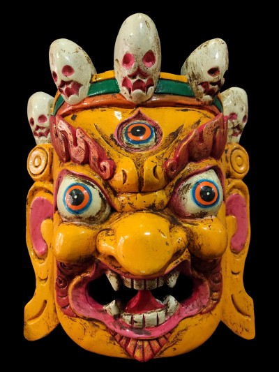 Mahakala Mask, Handmade Wooden Mask, [painted Yellow], Poplar Wood