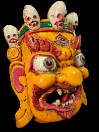 Mahakala Mask, Handmade Wooden Mask, [painted Yellow], Poplar Wood