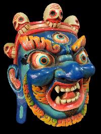 Mahakala Mask, Handmade Wooden Mask, [painted Blue], Poplar Wood