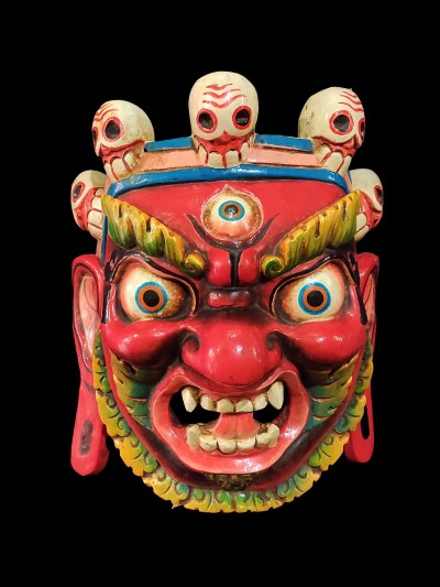 Mahakala Mask, Handmade Wooden Mask, [painted Red], Poplar Wood