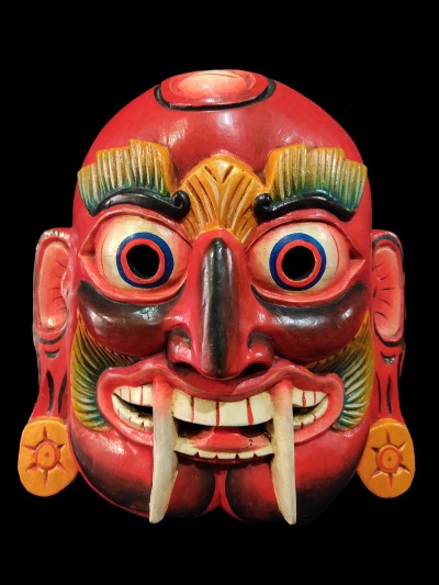 Handmade Wooden Mask Of Lakhey, [painted Red], Poplar Wood