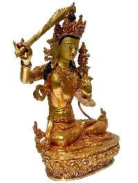 [monastery Quality] Statue Of Manjushri, [fire Full Gold Plated], With [painted Face]