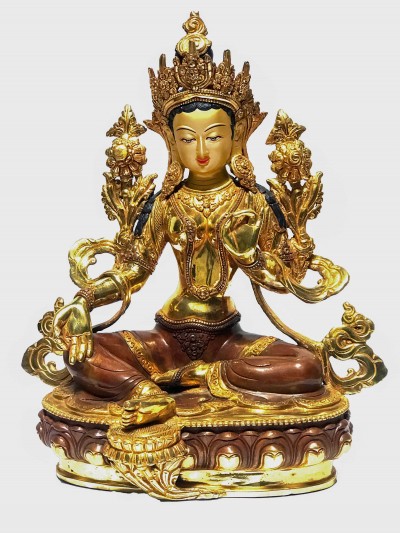 [monastery Quality] Statue Of Green Tara, [partly Gold Plated], With [painted Face]