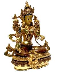 [monastery Quality] Statue Of Green Tara, [partly Gold Plated], With [painted Face]