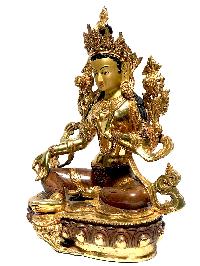 [monastery Quality] Statue Of Green Tara, [partly Gold Plated], With [painted Face]