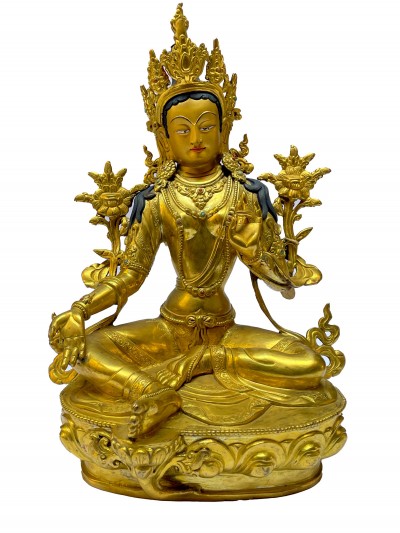 Nepali Statue Of Green Tara, [full Gold Plated], [painted Face]