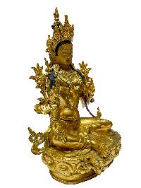 Nepali Statue Of Green Tara, [full Gold Plated], [painted Face]