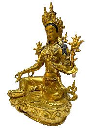 Nepali Statue Of Green Tara, [full Gold Plated], [painted Face]