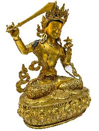 Nepali Statue Of Manjushri, [copper Gold Plated]